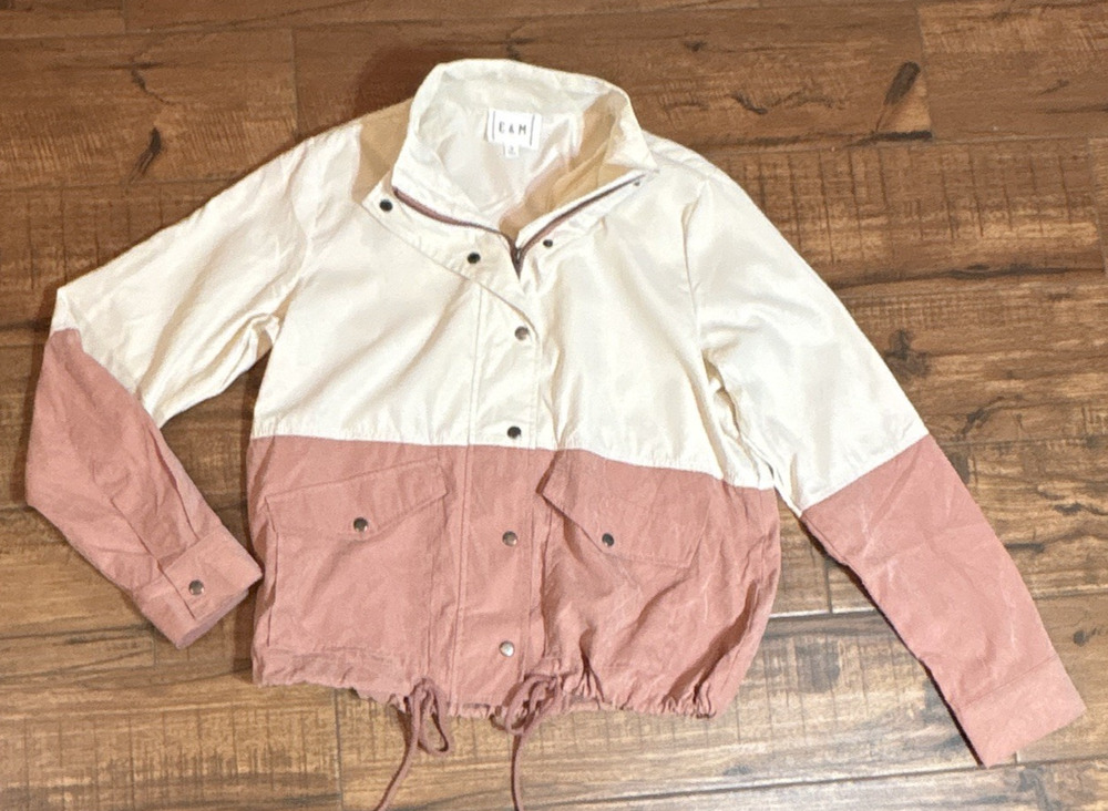 E&M Women's Colorblock Windbreaker Jacket Zip/Snap Pockets White Pink Size S